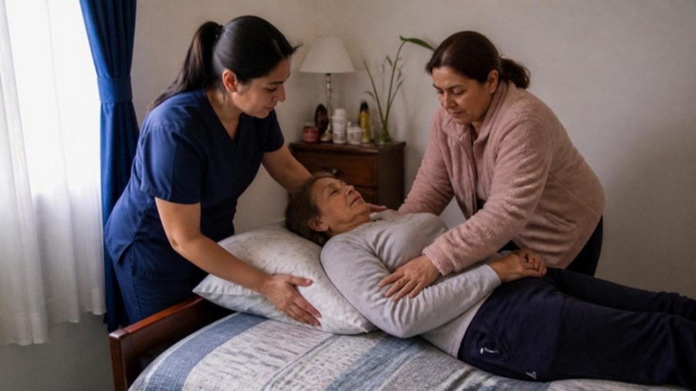 Enfermera enseñando a una cuidadora a reposicionar a su madre en la cama